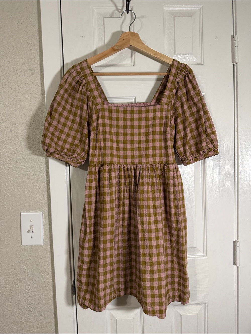 Madewell Pink & Olive Gingham Puff Sleeve Cotton Mini Dress Pockets